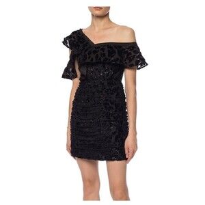 SELF PORTRAIT Metallic Leopard Frill Mini Dress Size 2 Black NEW Slim Fit Party